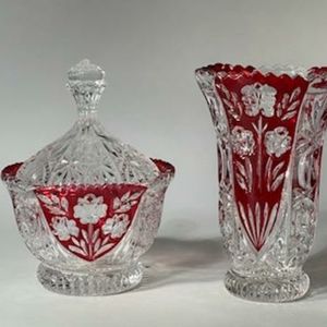 Fifth Avenue Crystal Floral Covered Candy Dish/Vase Rosaline Ruby, w/ box